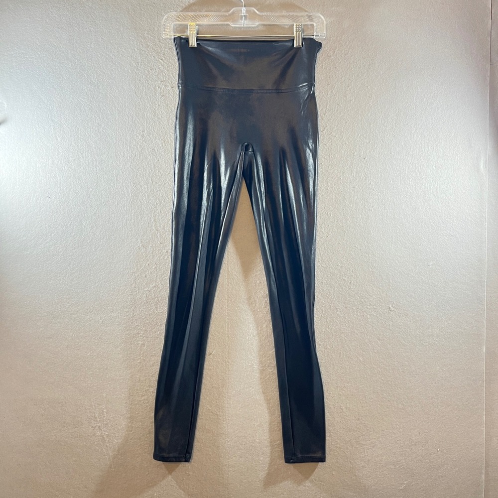 694 | Spanx Faux Leather High Rise Shimmer Shaping Leggings Black Womens Small